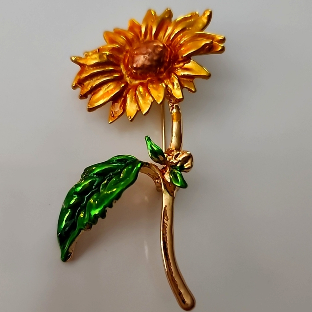 SUNFLOWER Enameled Embellished Brooch Pin